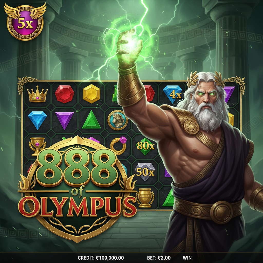 888 of Olympus slot da Pragmatic Play mostrando Zeus segurando raio verde com símbolos de gemas coloridas, coroa dourada e multiplicadores até 500x no Monte Olimpo