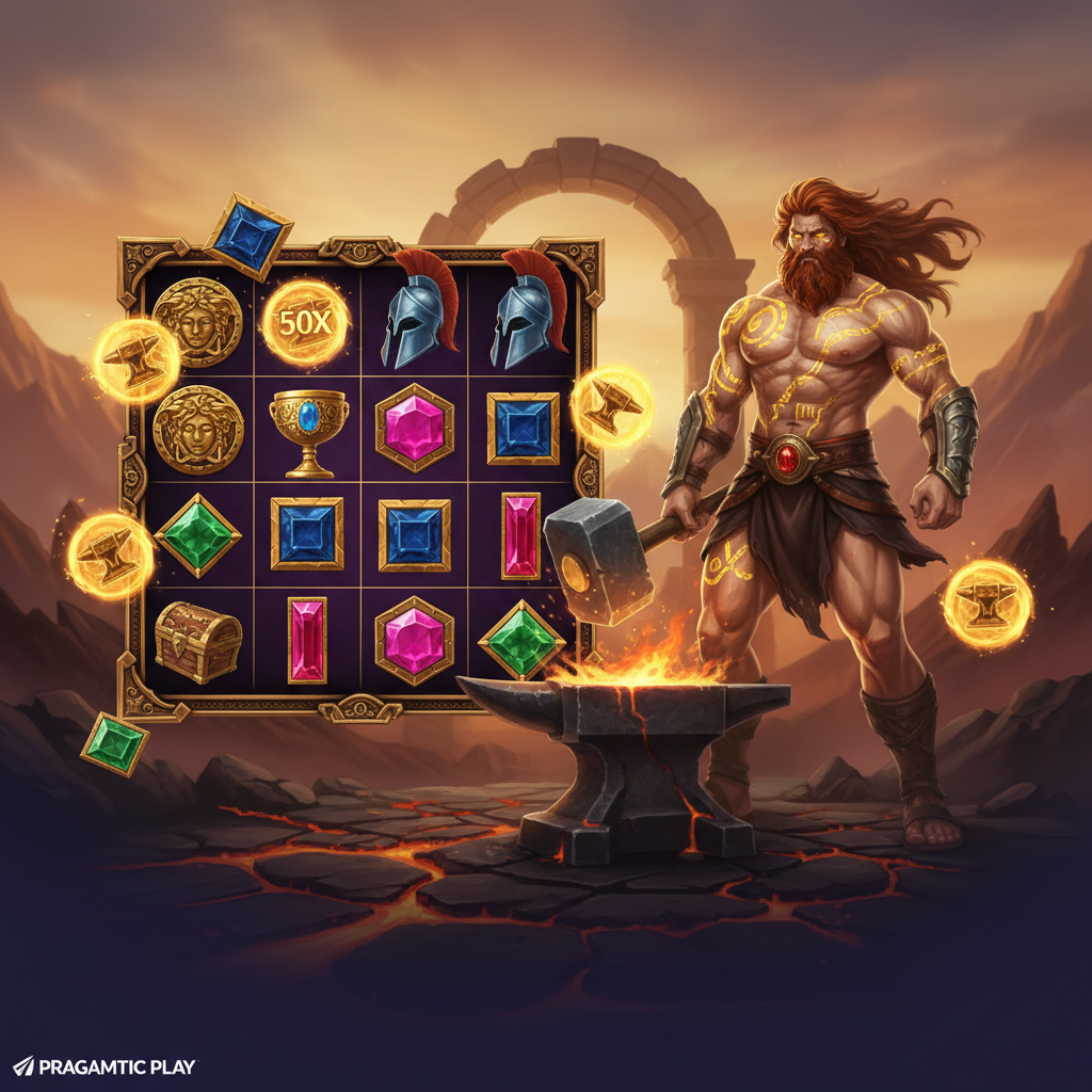 Forge of Olympus slot da Pragmatic Play mostrando Hefesto o deus ferreiro grego na bigorna divina com símbolos de multiplicadores dourados, escudo de Medusa, elmo espartano e gemas em fundo vulcânico com lava e chamas laranjas