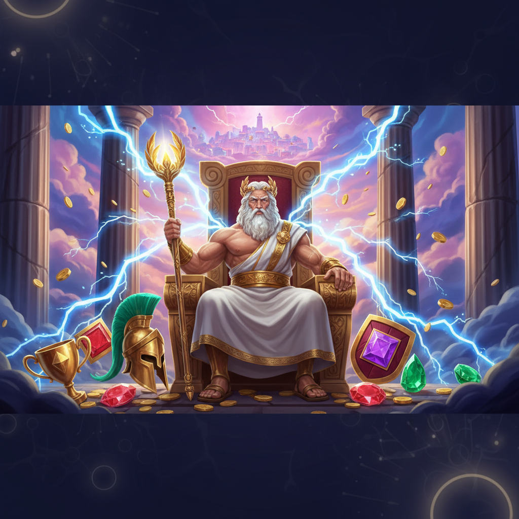 Fortune of Olympus slot - Zeus no trono dourado cercado por raios, templo do Olimpo com colunas de mármore, símbolos de troféu dourado, capacete grego e gemas preciosas