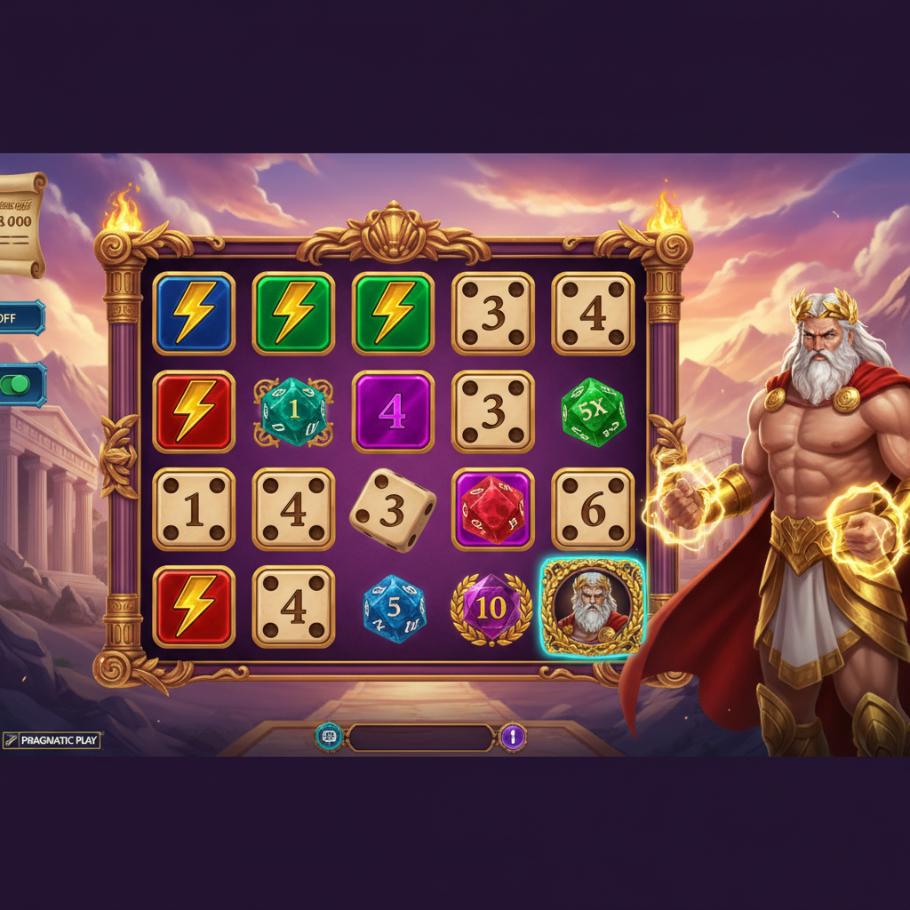 Gates of Olympus 1000 Dice slot da Pragmatic Play mostrando Zeus com raios dourados, templos do Monte Olimpo ao fundo, dados coloridos e símbolos de relâmpago em grid 6x5 com moldura dourada ornamentada