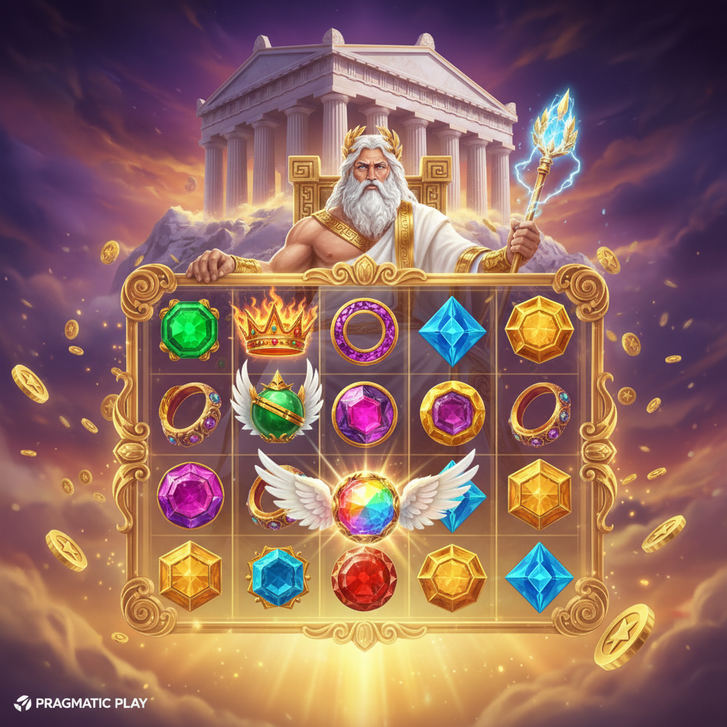 Gates of Olympus 1000 slot da Pragmatic Play: Zeus no trono divino diante do templo dourado do Olimpo com orbes de multiplicadores flutuantes, grade 6x5 com símbolos de gemas preciosas, coroas flamejantes e o símbolo scatter de Zeus