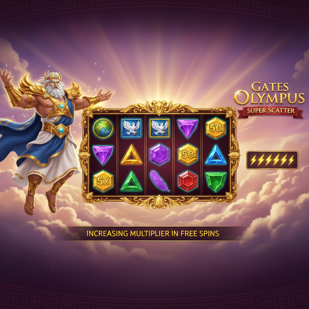 Gates of Olympus SUPER SCATTER slot com Zeus em armadura dourada flutuando em nuvens rosa e roxas, grade de jogo 6x5 com moldura dourada ornamentada, símbolos de gemas coloridas e multiplicadores, Free Spins mode com céu divino e raios de luz dourados