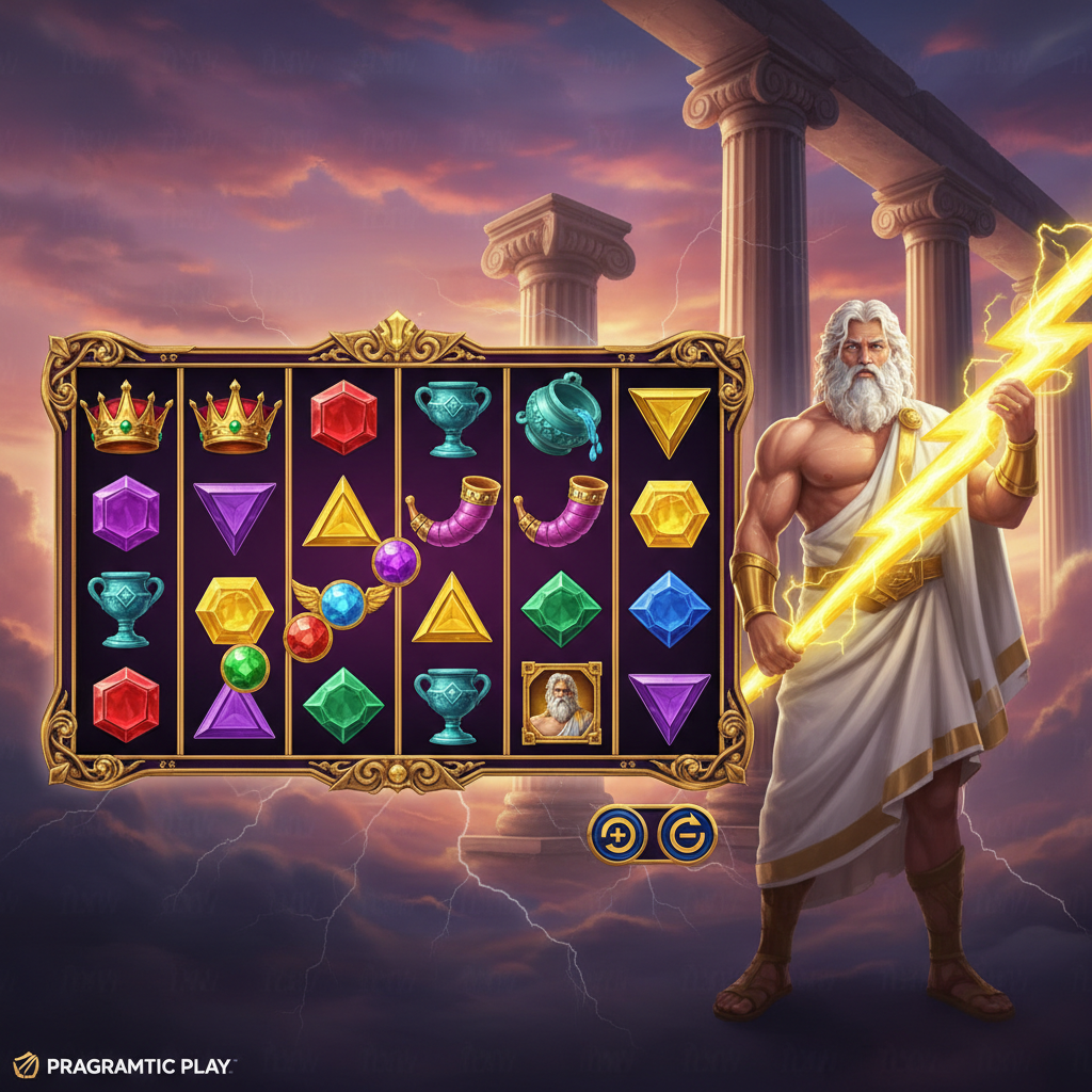 Gates of Olympus slot da Pragmatic Play: Zeus segurando raio dourado em frente às colunas do Olimpo com céu roxo-rosa ao pôr do sol, coroa vermelha e símbolos de gemas coloridas