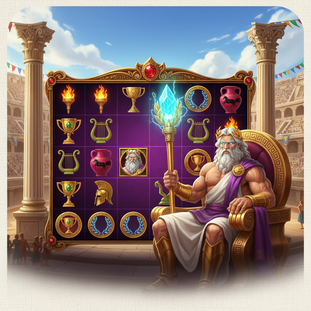 Gates in Olympus 1000 slot: Zeus sentado em trono dourado no coliseu, segurando cetro com cristal brilhante, cercado por colunas gregas e símbolos olímpicos incluindo tocha de fogo, troféu de ouro e ânfora