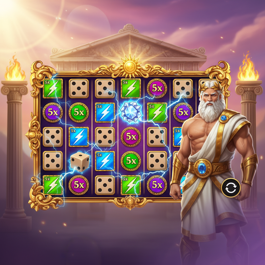 Gates of Olympus Dice slot game showing Zeus, golden ornate frame with dice symbols, lightning multipliers, Greek temple columns and electric blue energy effects