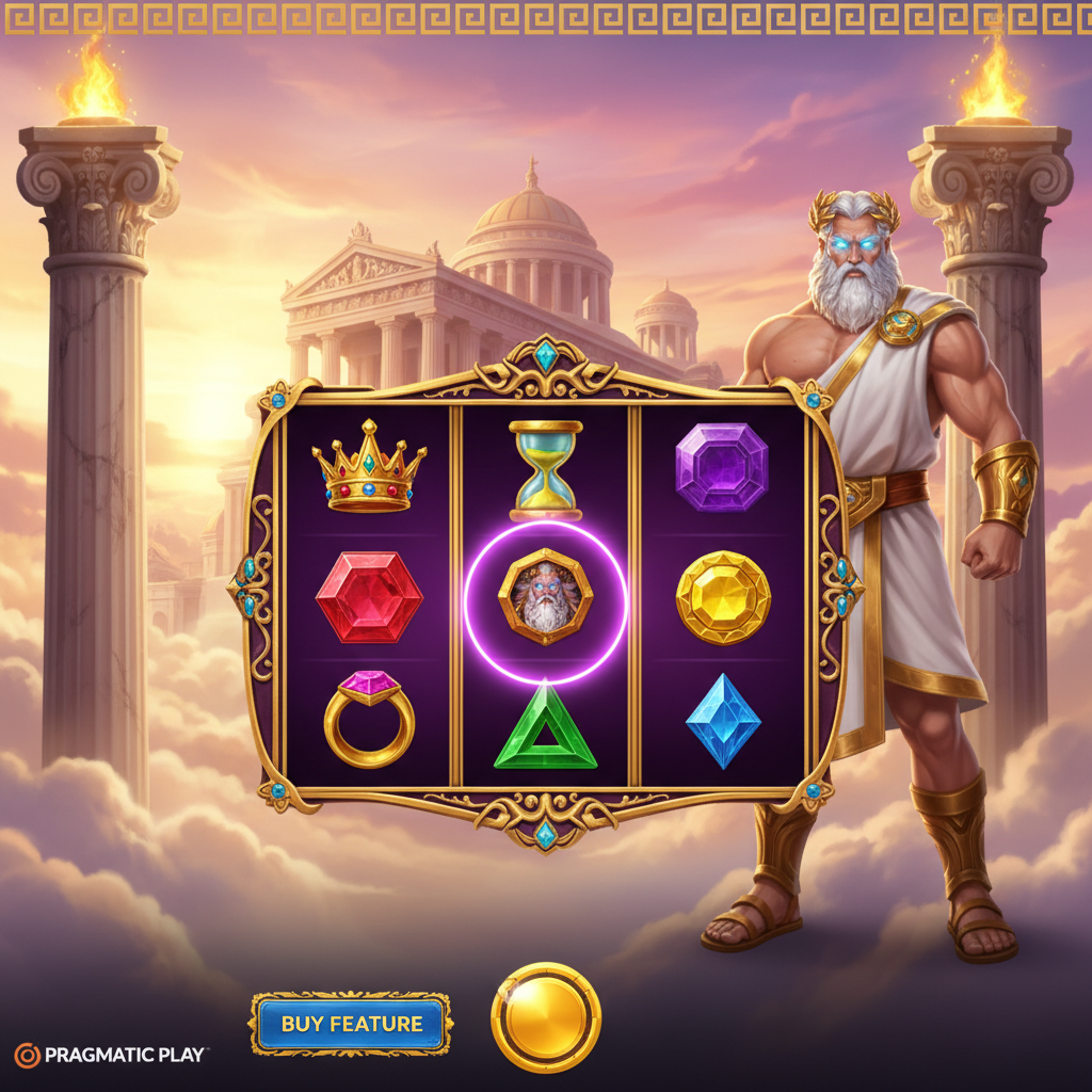 Gates of Olympus Pachi slot machine: Zeus com barba branca e coroa dourada, olhos azuis brilhantes, templo grego ao fundo com céu dourado e roxo, colunas de mármore clássicas com chamas