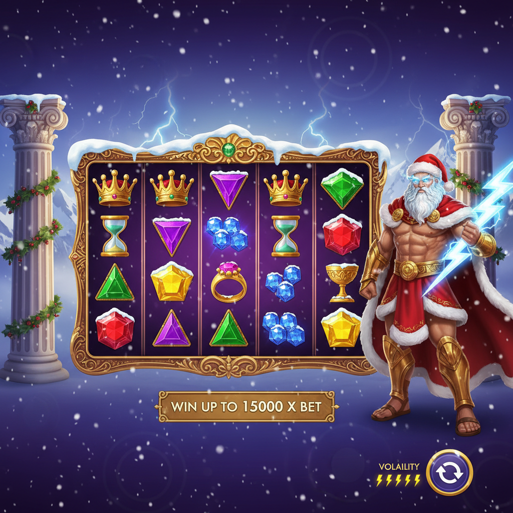 Gates of Olympus X-Mas 1000 slot mostrando Zeus com traje de Papai Noel segurando raio elétrico, cercado por colunas gregas cobertas de neve, grade de símbolos 6x5 com gemas coloridas e coroa dourada, templo do Olimpo com tema natalino ao fundo