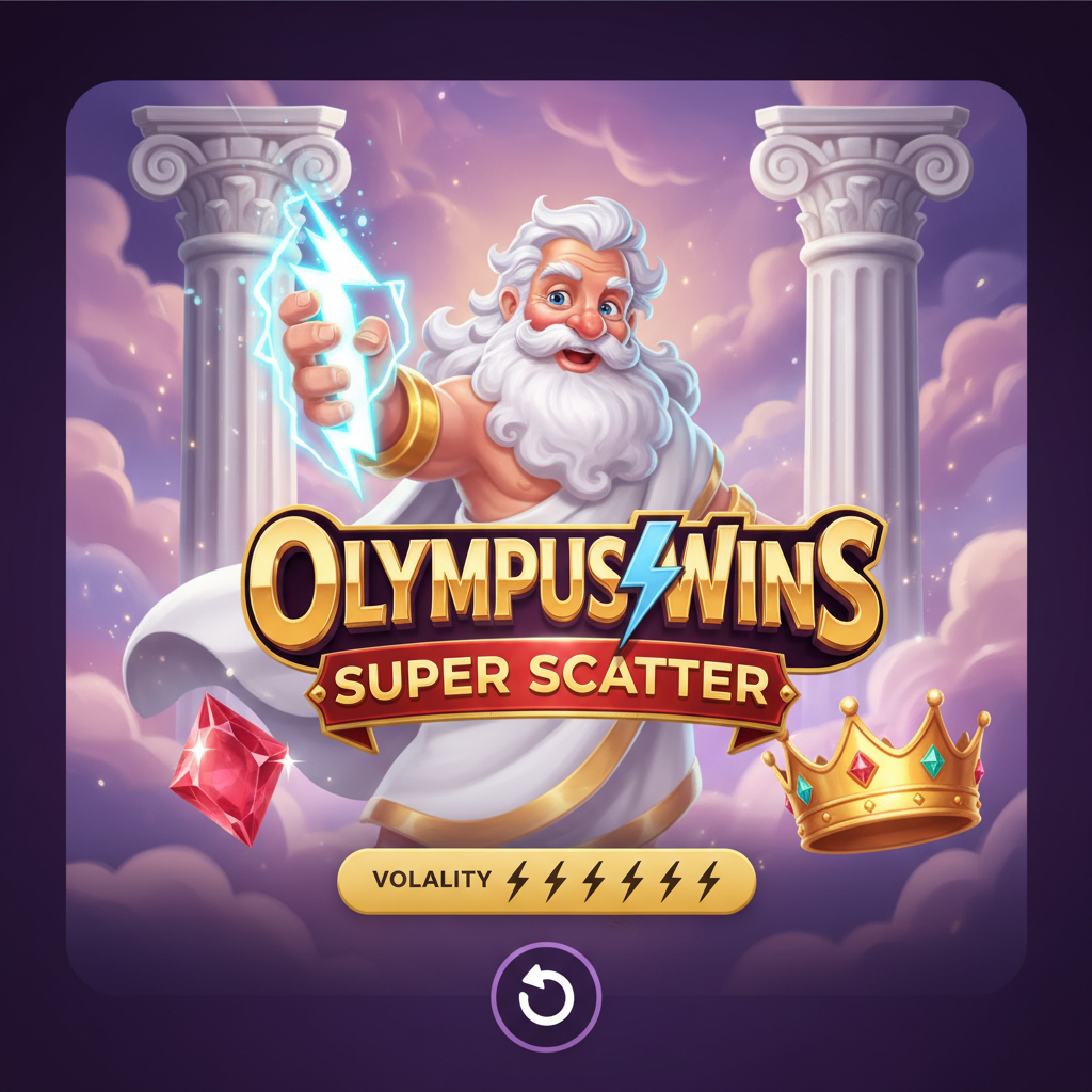 Olympus Wins Super Scatter slot com Zeus segurando raio dourado, colunas gregas de mármore, céu roxo e rosa, símbolo de coroa dourada e gemas vermelhas