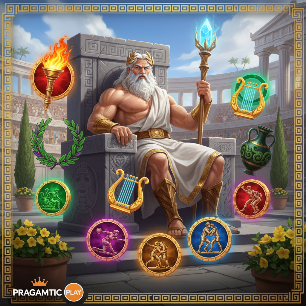 Games in Olympus slot da Pragmatic Play apresentando Zeus no trono com tocha olímpica, coroa de louros, lira grega e moedas atléticas de bronze em anfiteatro grego antigo com símbolos multiplicadores coloridos